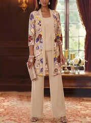 3 Pieces Chiffon Scoop Mother of the Bride Pantsuits with Jacket Ankle-Length 3/4 Sleeves Lace Floral