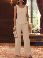 3 Pieces Chiffon Scoop Mother of the Bride Pantsuits with Jacket Ankle-Length 3/4 Sleeves Lace Floral