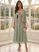 2 Pieces Chiffon A-Line/Princess Scoop Mother of the Bride Dresses with Jacket Tea-Length 3/4 Sleeves Lace Floral