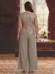 3 Pieces Scoop Lace Plus Size Mother of the Bride Pantsuits with Jacket Long Sleeves Ankle-Length