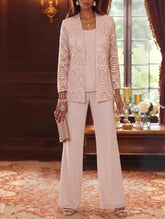 3 Pieces Scoop Chiffon Mother of the Bride Pantsuits with Jacket Lace Ankle-Length Long Sleeves