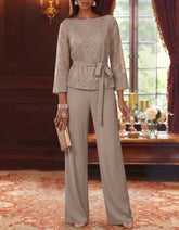 2 Pieces Boat Neck Chiffon Mother of the Bride Pantsuits 3/4 Sleeves Floor-Length Belt Lace Sequin