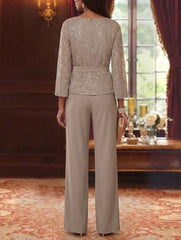 2 Pieces Boat Neck Chiffon Mother of the Bride Pantsuits 3/4 Sleeves Floor-Length Belt Lace Sequin