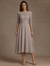 A-Line/Princess Boat Neck Chiffon Mother of the Bride Dresses Half Sleeves Lace High-Low Tea-Length