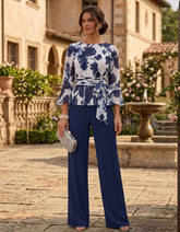 2 Pieces Scoop Chiffon Mother of the Bride Pantsuits Floor-Length Floral 3/4 Sleeves