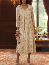 2 Pieces A-Line/Princess Scoop Mother of the Bride Dresses with Jacket Chiffon Sequins Tea-Length 3/4 Sleeves Floral