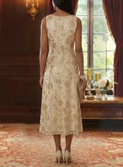 2 Pieces A-Line/Princess Scoop Mother of the Bride Dresses with Jacket Chiffon Sequins Tea-Length 3/4 Sleeves Floral