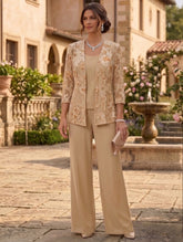 3 Pieces Suit Scoop Chiffon Lace Mother of the Bride Pantsuits with Jacket Floral Floor-Length 3/4 Sleeves
