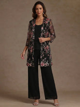 3 Pieces Suit Scoop Chiffon Mother of the Bride Pantsuits with Jacket Floral 3/4 Sleeves Ankle-Length