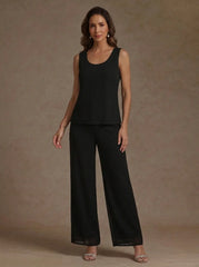 3 Pieces Suit Scoop Chiffon Mother of the Bride Pantsuits with Jacket Floral 3/4 Sleeves Ankle-Length