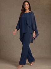 2 Pieces Suit Scoop Chiffon Mother of the Bride Pantsuits Ankle-Length Long Sleeves Ruffles