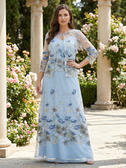 2 Pieces A-Line/Princess V-Neck Floral Lace Plus Size Mother of the Bride Dresses Floor-Length 3/4 Sleeves with Jacket