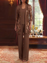 3 Pieces Scoop Chiffon Mother of the Bride Pantsuits 3/4 Sleeves Floral Lace Embroidery Floor-Length