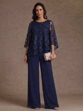 2 Pieces Scoop Chiffon Mother of the Bride Pantsuits Floral Sequins Floor-Length 3/4 Sleeves