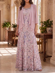 A-Line/Princess 2 Pieces Scoop Lace Embroidery Mother of the Bride Dresses Floor-Length 3/4 Sleeves with Chiffon Jacket