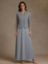 2 Pieces A-Line/Princess Scoop Chiffon Mother of the Bride Dresses Ankle-Length 3/4 Sleeves&Sleeveless with Lace Jacket