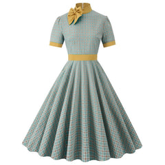 A-Line/Princess 1950s High Neck Short Sleeves Vintage Dresses with Bow & Pocket