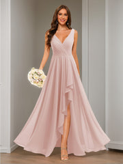 A-Line/Princess V Neck Sleeveless Floor Length Bridesmaid Dresses Chiffon with Slit Pockets