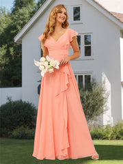 A-Line/Princess V Neck Short Sleeve Floor Length Bridesmaid Dresses With Ruffled Split