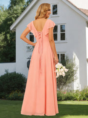 A-Line/Princess V Neck Short Sleeve Floor Length Bridesmaid Dresses With Ruffled Split