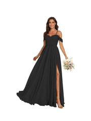 A Line /Princess Off Shoulder Sweetheart Sleeveless Floor Length Bridesmaid Dresses Chiffon with Pockets Slit