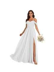 A Line /Princess Off Shoulder Sweetheart Sleeveless Floor Length Bridesmaid Dresses Chiffon with Pockets Slit