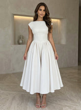 A-Line/Princess Boat Neck Stretch Satin Cocktail Dresses Sleeveless Tea-Length Graduation Dress Pleated Little White Dresses