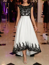 A-Line/Princess Boat Neck Satin Cocktail Dresses Sleeveless Lace Asymmetrical Tea-Length Formal Dresses