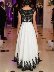 A-Line/Princess Boat Neck Satin Cocktail Dresses Sleeveless Lace Asymmetrical Tea-Length Formal Dresses