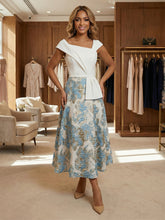 A-Line/Princess Asymmetrical Neck Jacquard Cocktail Dresses Tea-Length Floral Cap Sleeves Party Dresses