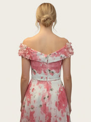 A Line/Princess Off-the-Shoulder Short Sleeves Tea-Length Printed Flower Mother of the Bride Dress