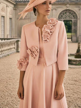 2 Pieces A-Line/Princess V-Neck Tea-Length Mother of the Bride Dress with Jacket & 3D Flower