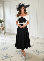 A-Line/Princess 1/2 Sleeves Tea-Length Off-the-Shoulder Mother of the Bride Dresses with 3D Flowers