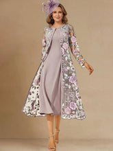A-Line/Princess 2 Pieces Scoop Satin Mother of the Bride Dresses Tea-Length Long Sleeves Floral With Appliques&Lace Jacket