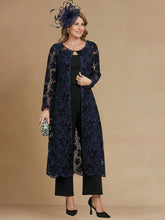 3 Pieces Scoop Satin Mother of the Bride Pansuits Tea-Length Long Sleeves With Floral Appliques& Lace Jacket