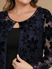 3 Pieces Scoop Satin Mother of the Bride Pansuits Tea-Length Long Sleeves With Floral Appliques& Lace Jacket