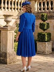 A-Line/Princess 2 Pieces V-Neck Chiffon Mother of the Bride Dresses Tea-Length 3/4 Sleeves Pleated 3D Flower With Jacket