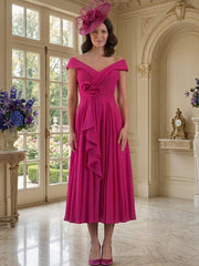 A Line/Princess Off-the-Shoulder Tea-Length Mother of the Bride Dresses with 3D Flower