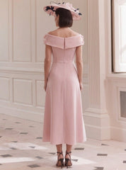 A Line/Princess Off-the-Shoulder Tea-Length Mother of the Bride Dresses with 3D Flower&Pleats