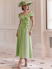 A Line/Princess Off-the-Shoulder Tea-Length Mother of the Bride Dresses with 3D Flower&Pleats