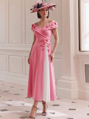A Line/Princess Off-the-Shoulder Tea-Length Mother of the Bride Dresses with 3D Flower&Pleats