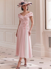 A Line/Princess Off-the-Shoulder Tea-Length Mother of the Bride Dresses with 3D Flower&Pleats
