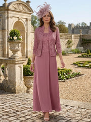 2 Pieces A-Line/Princess Square Collar Chiffon Mother of the Bride Dresses with Jacket Lace Ankle-Length 3/4 Sleeves