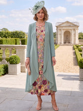 2 Pieces Chiffon A-Line/Princess Scoop Mother of the Bride Dresses with Jacket Tea-Length Long Sleeves Lace Floral