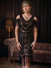 1920s The Great Gatsby Outfit Sheath/Column V-Neck Short Sleeves Sequins Tassels Vintage Dresses Tea-Length