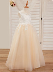 A-line Lace Tulle Floor-length Pink Dress
