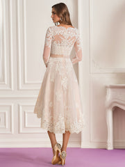 A Line/Princess V-Neck 3/4 Length Sleeves Asymmetrical Wedding Dress with Lace Embroidery