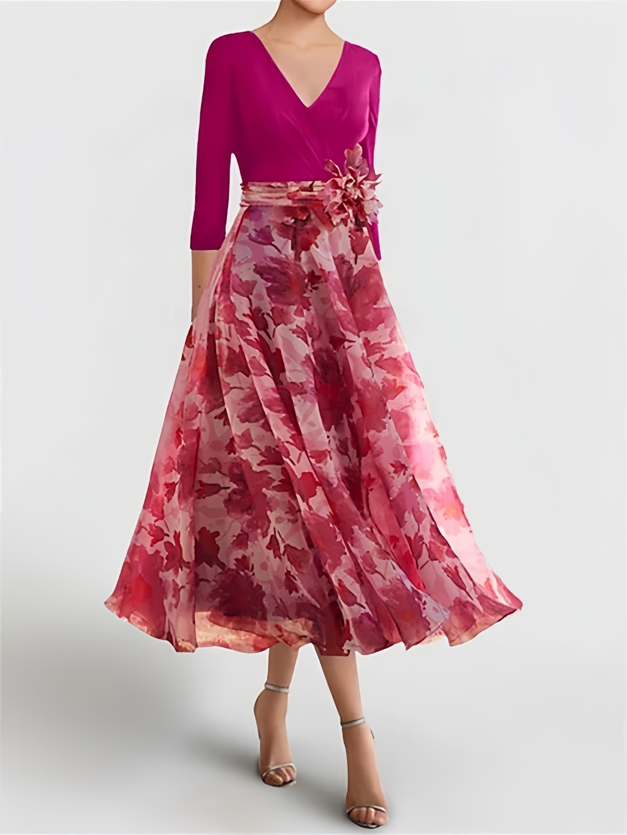 A Line/Princess V Neck 3/4 Sleeves Ankle Length Floral Mother of the Bride Dresses