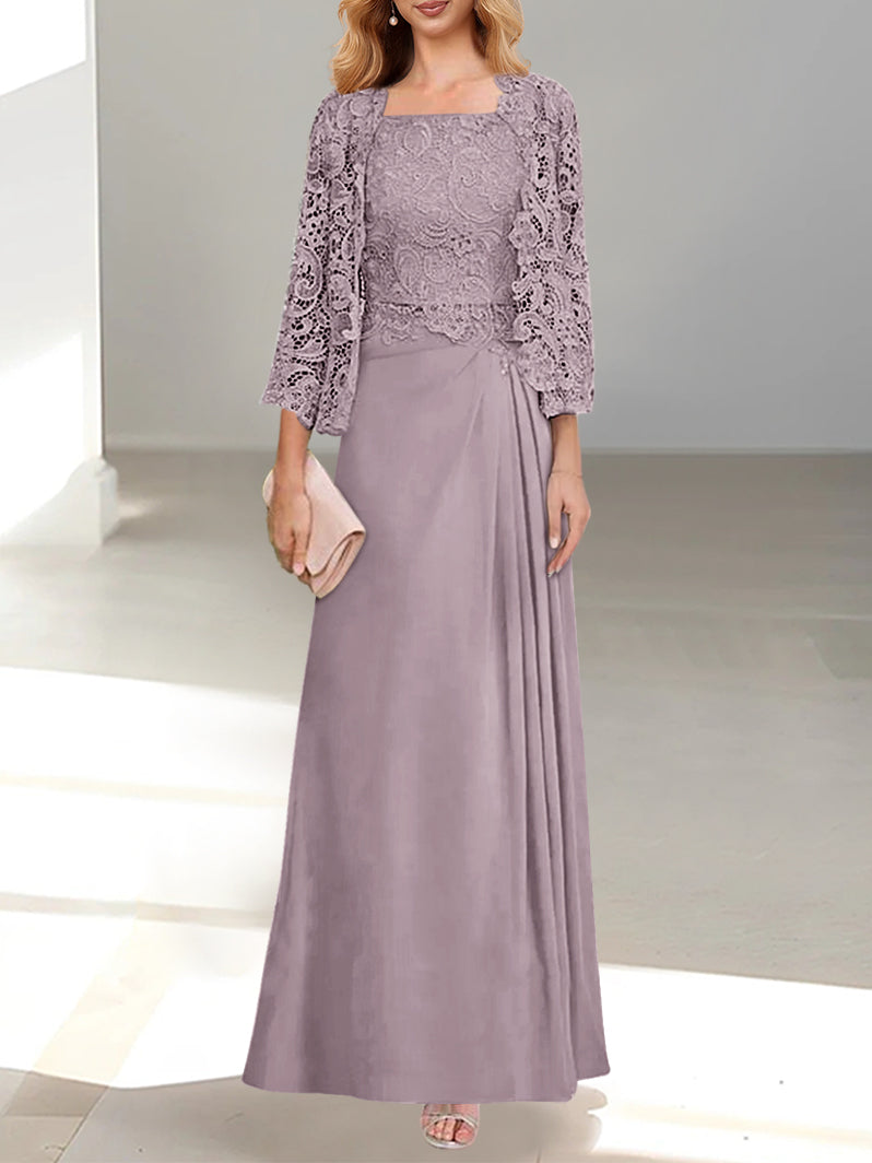 2 Pieces A-Line/Princess Scoop Floor-Length Mother of the Bride Dresses with Pleated & Lace Appliques