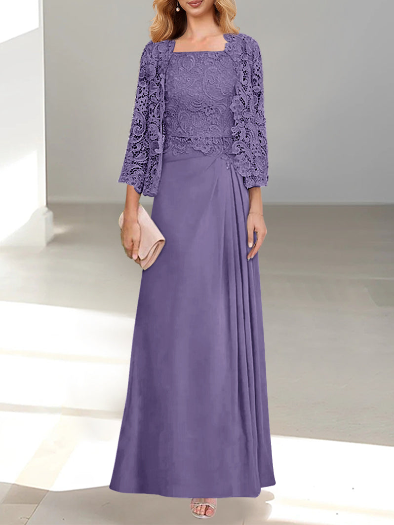 2 Pieces A-Line/Princess Scoop Floor-Length Mother of the Bride Dresses with Pleated & Lace Appliques
